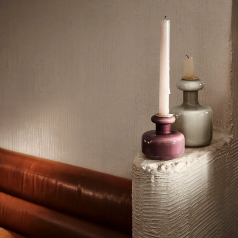 Marimekko PUTELI Candle Holder in Dark Wine color with PLUNTA candleholder in clay color