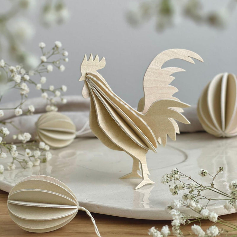 Lovi ROOSTER (3.9"/ 10 cm) in natural wood color with Lovi Easter eggs in natural wood color