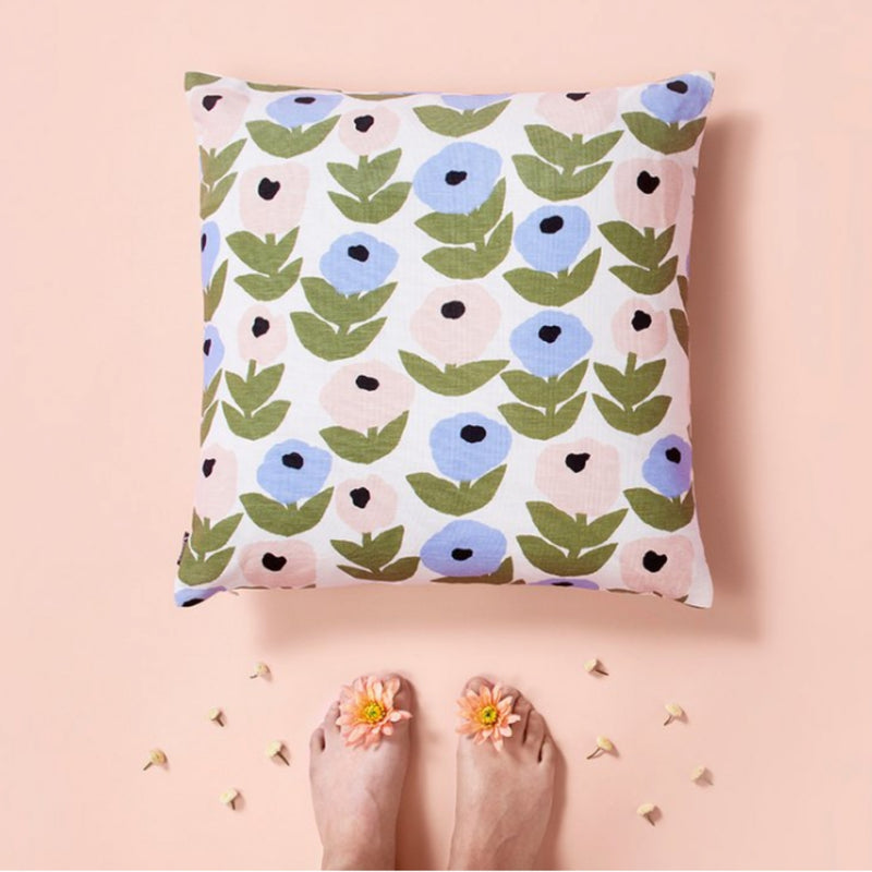 Kauniste FLORA Linen-Cotton Cushion Cover  in soft blue, green and pink pastel hues