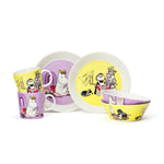 Arabia MOOMIN yellow MISABEL and lilac SNORKMAIDEN plates, bowls and mugs